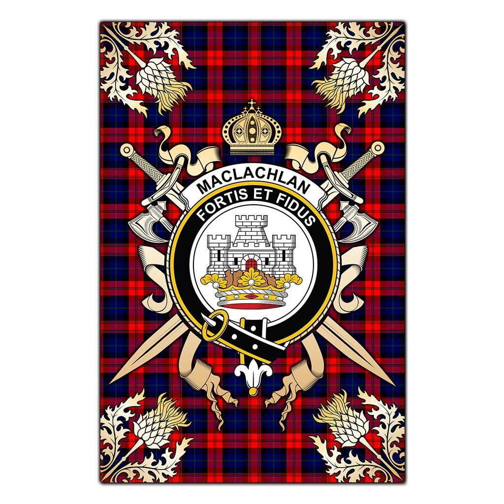 Clan MacLachlan Modern Tartan Crest Black Garden Flag  - Gold Thistle  OF86 Clan Garden Tartan Today   