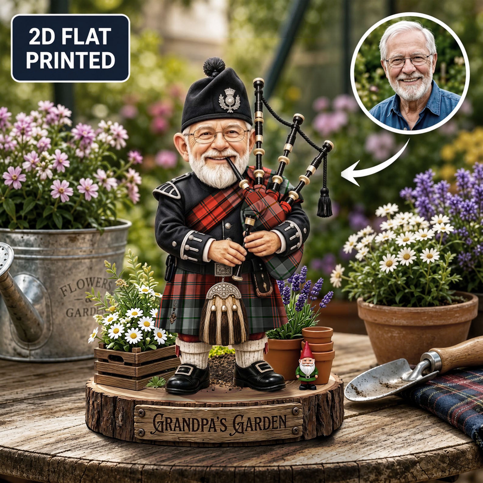 Personalized MacLachlan Weathered Clan Bagpipe Garden Gnome Caricature Plaque Custom Photo, Any Clan Tartan, Wood or Acrylic, Grandpa & Dad Gift, Scottish Highland Garden Decor LS72