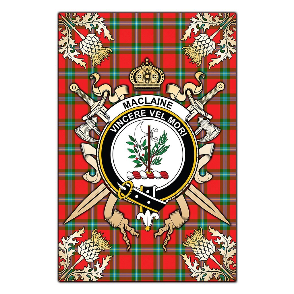 Clan MacLaine of Loch Buie Tartan Crest Black Garden Flag  - Gold Thistle  AG48 Clan Garden Tartan Today   