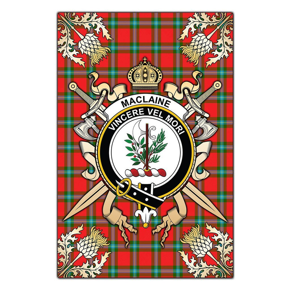 Clan MacLaine of Loch Buie Tartan Crest Black Garden Flag  - Gold Thistle  AG48 Clan Garden Tartan Today   