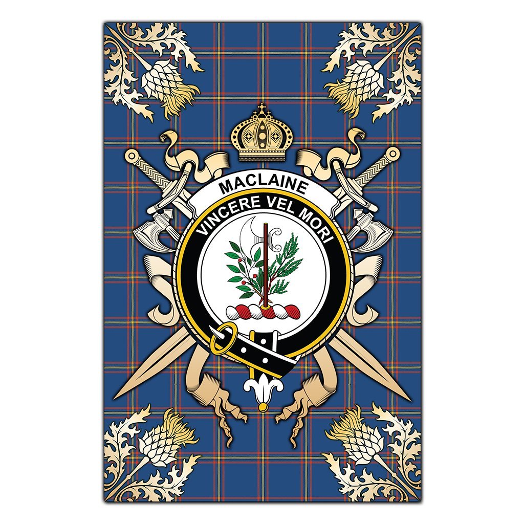 Clan MacLaine of Loch Buie Hunting Ancient Tartan Crest Black Garden Flag  - Gold Thistle  QA55 Clan Garden Tartan Today   