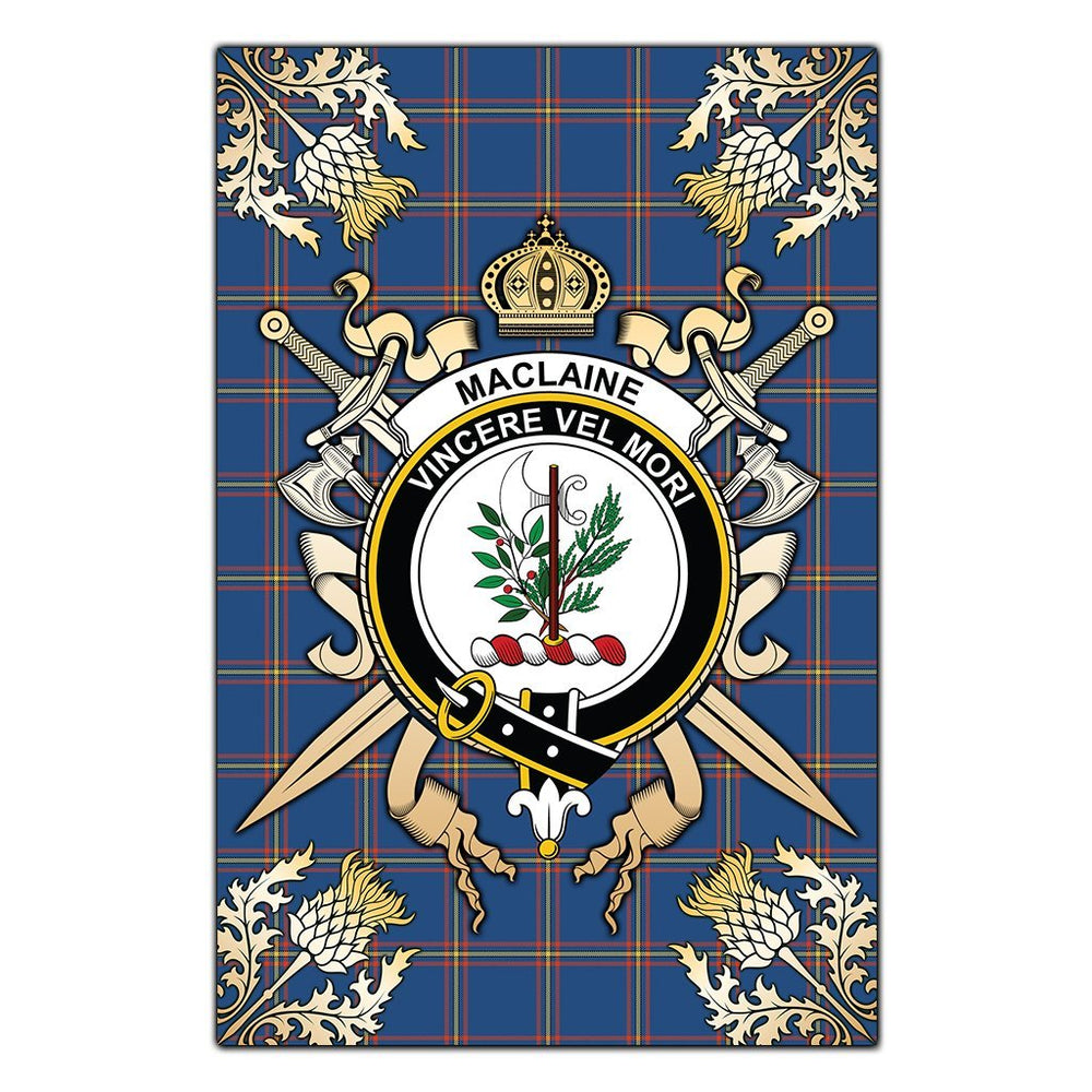Clan MacLaine of Loch Buie Hunting Ancient Tartan Crest Black Garden Flag  - Gold Thistle  QA55 Clan Garden Tartan Today   