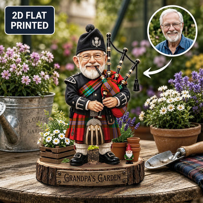 Personalized MacLaine of Loch Buie Clan Bagpipe Garden Gnome Caricature Plaque Custom Photo, Any Clan Tartan, Wood or Acrylic, Grandpa & Dad Gift, Scottish Highland Garden Decor BT47