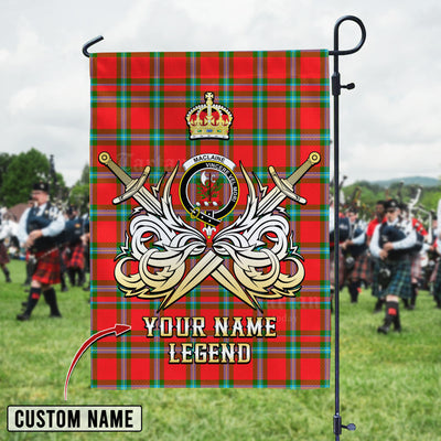 Custom Name Clan MacLaine of Loch Buie Tartan Garden Flag with Clan Crest and the Golden Sword of Courageous Legacy HG10