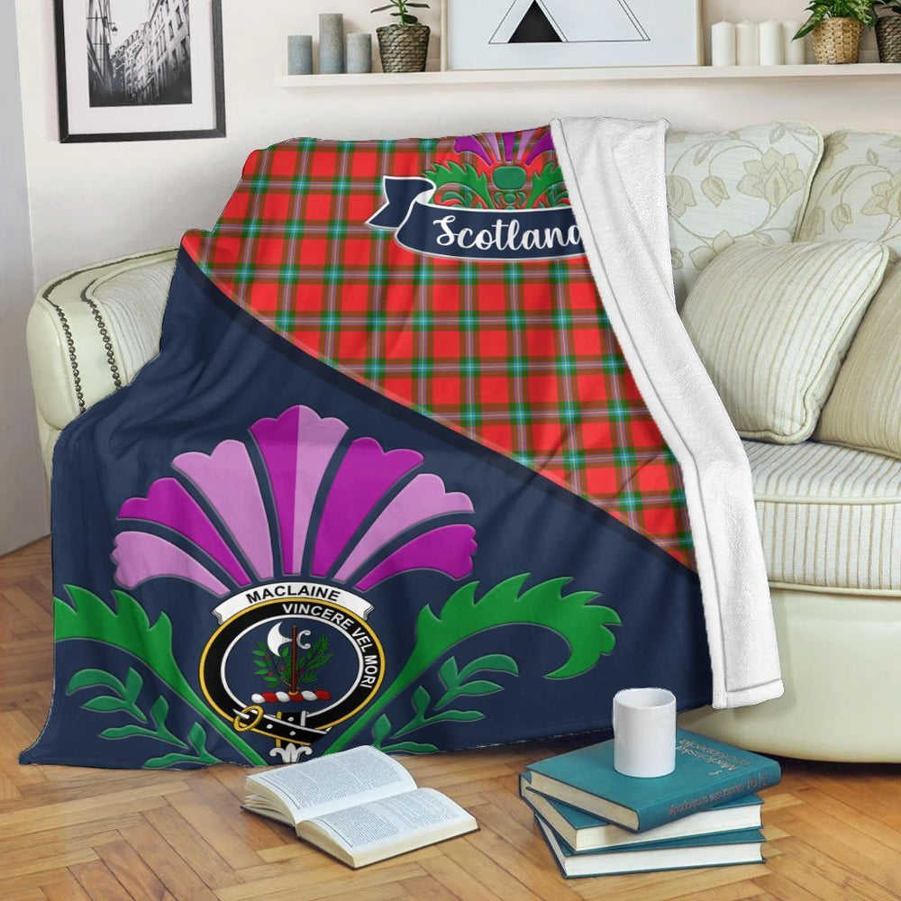 Clan MacLaine (of Lochbuie) Tartan Crest Premium Blanket Thistle Style OU70 Clan Hall Tartan Today   