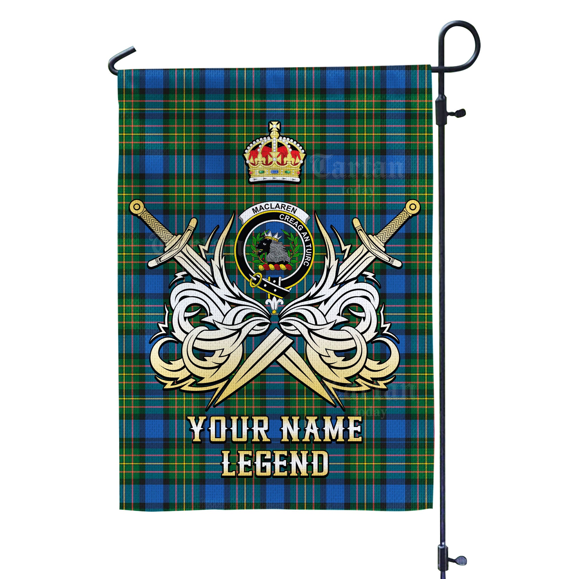 Custom Name Clan MacLaren Ancient Tartan Garden Flag with Clan Crest and the Golden Sword of Courageous Legacy RG19