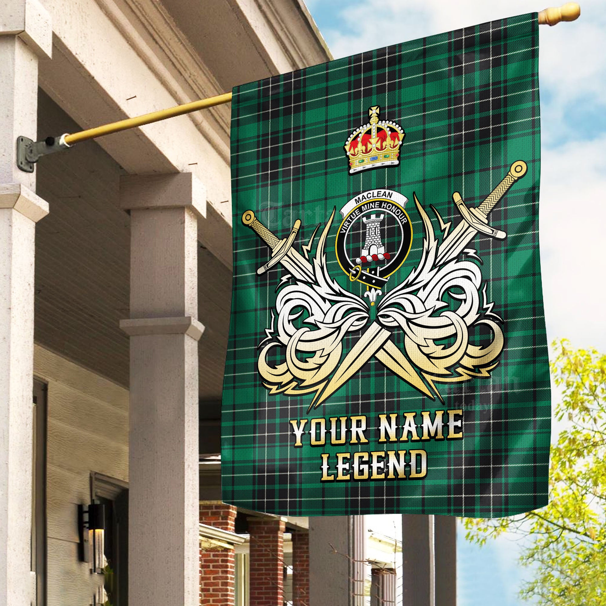 Custom Name Clan MacLean Hunting Ancient Tartan Garden Flag with Clan Crest and the Golden Sword of Courageous Legacy VX87