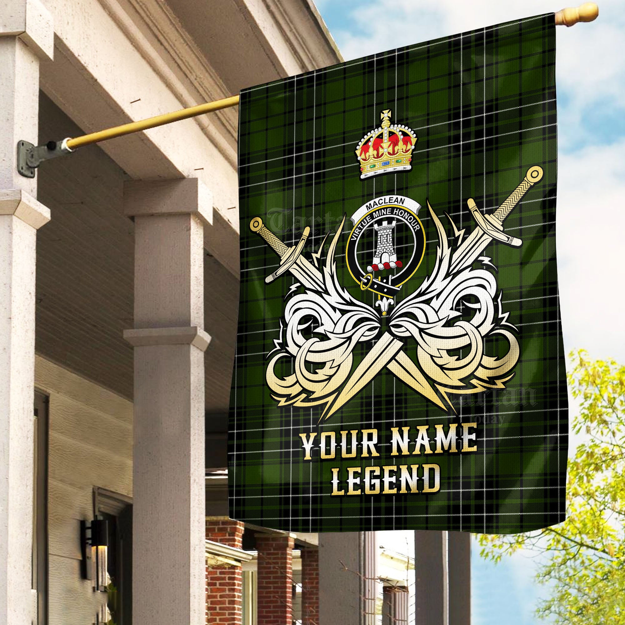 Custom Name Clan MacLean Hunting Tartan Garden Flag with Clan Crest and the Golden Sword of Courageous Legacy XM76