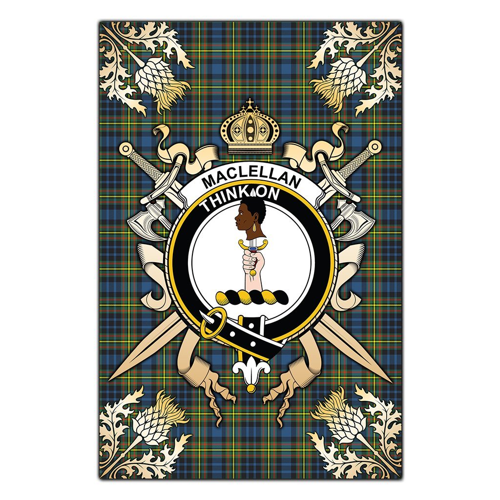 Clan MacLellan Ancient Tartan Crest Black Garden Flag  - Gold Thistle  DW21 Clan Garden Tartan Today   