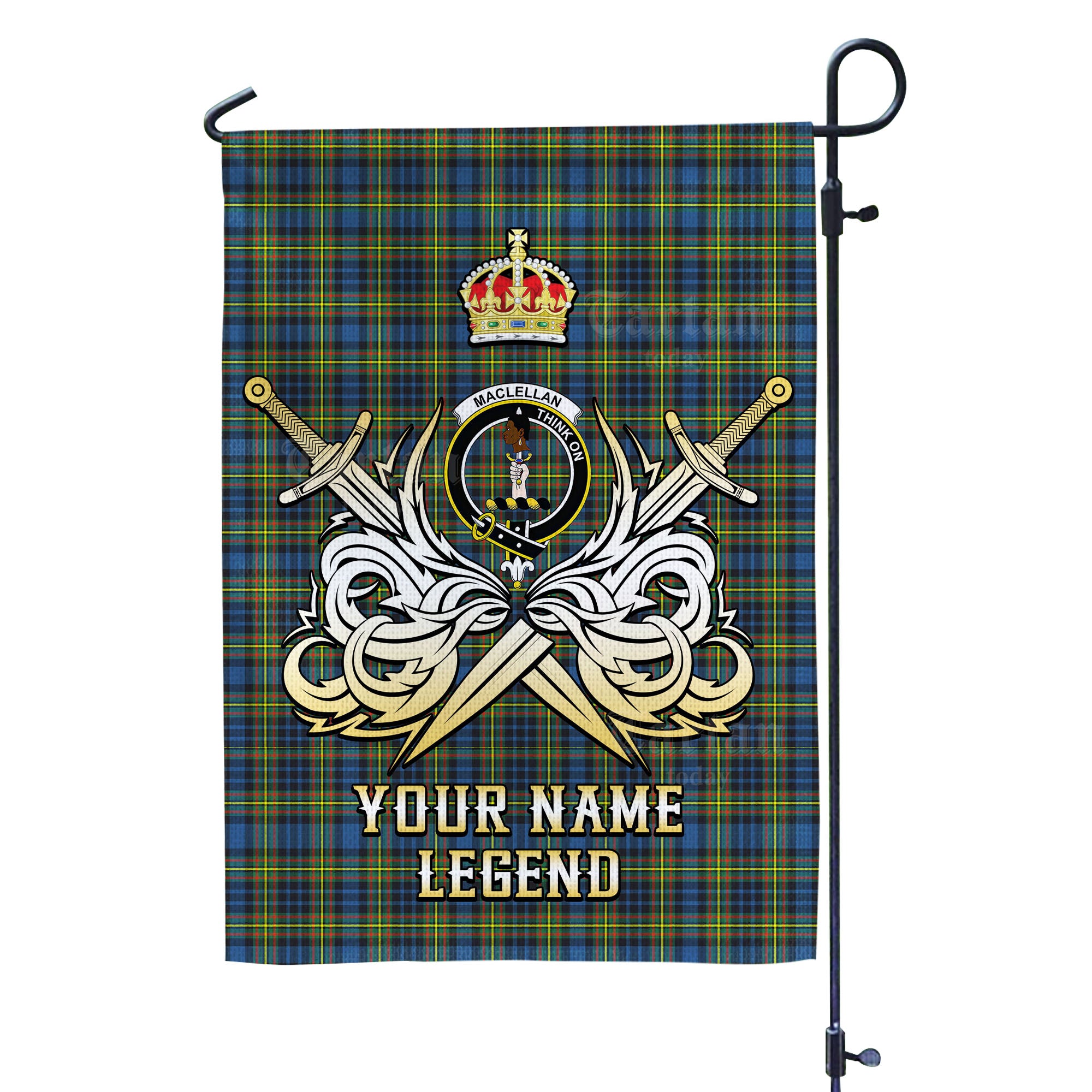 Custom Name Clan MacLellan Ancient Tartan Garden Flag with Clan Crest and the Golden Sword of Courageous Legacy HK42