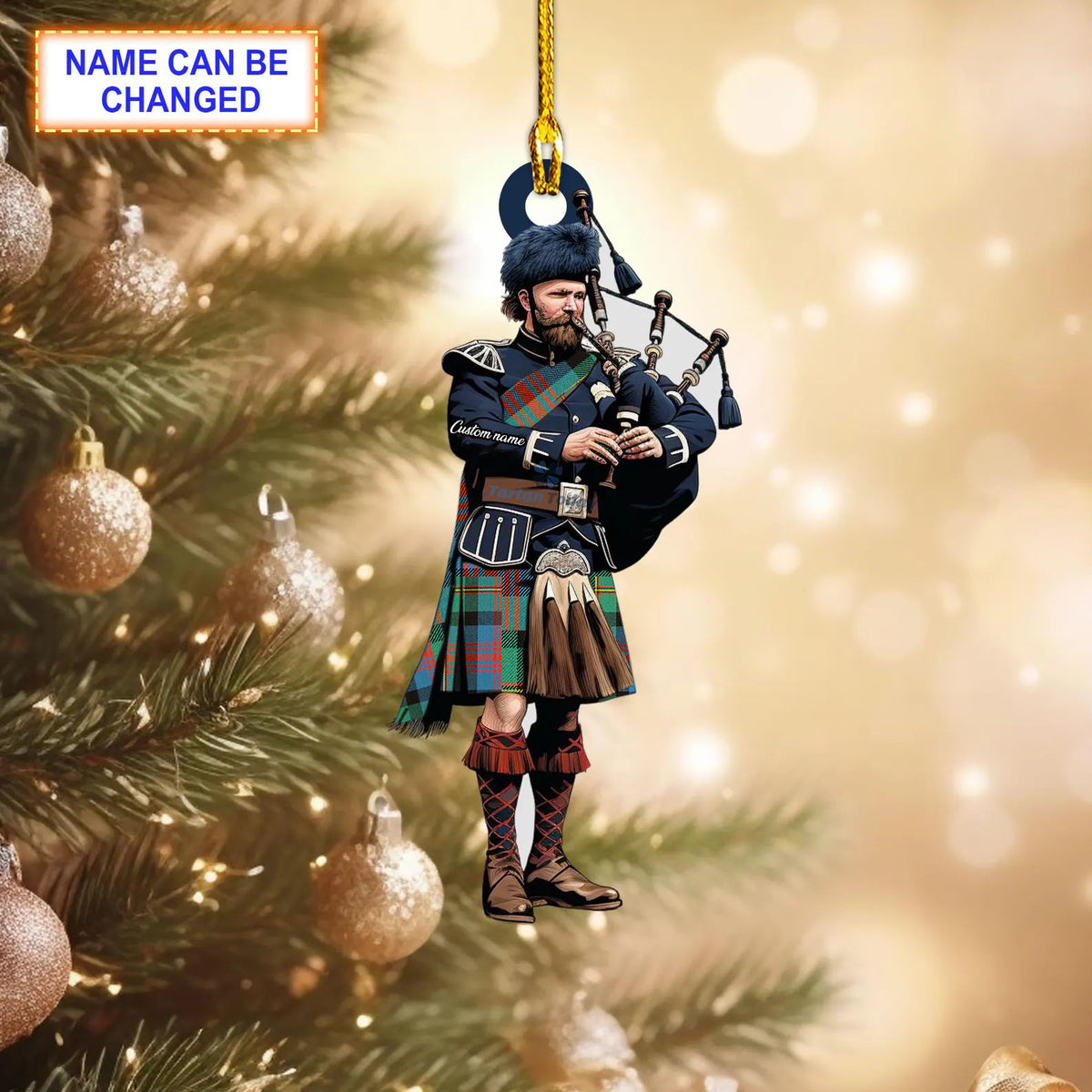MacLennan Ancient Tartan Bagpipe Ornament with Custom Name