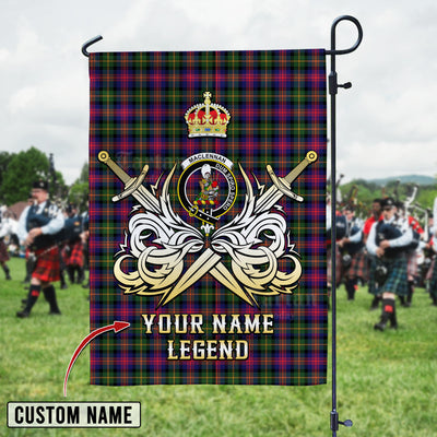 Custom Name Clan MacLennan Tartan Garden Flag with Clan Crest and the Golden Sword of Courageous Legacy