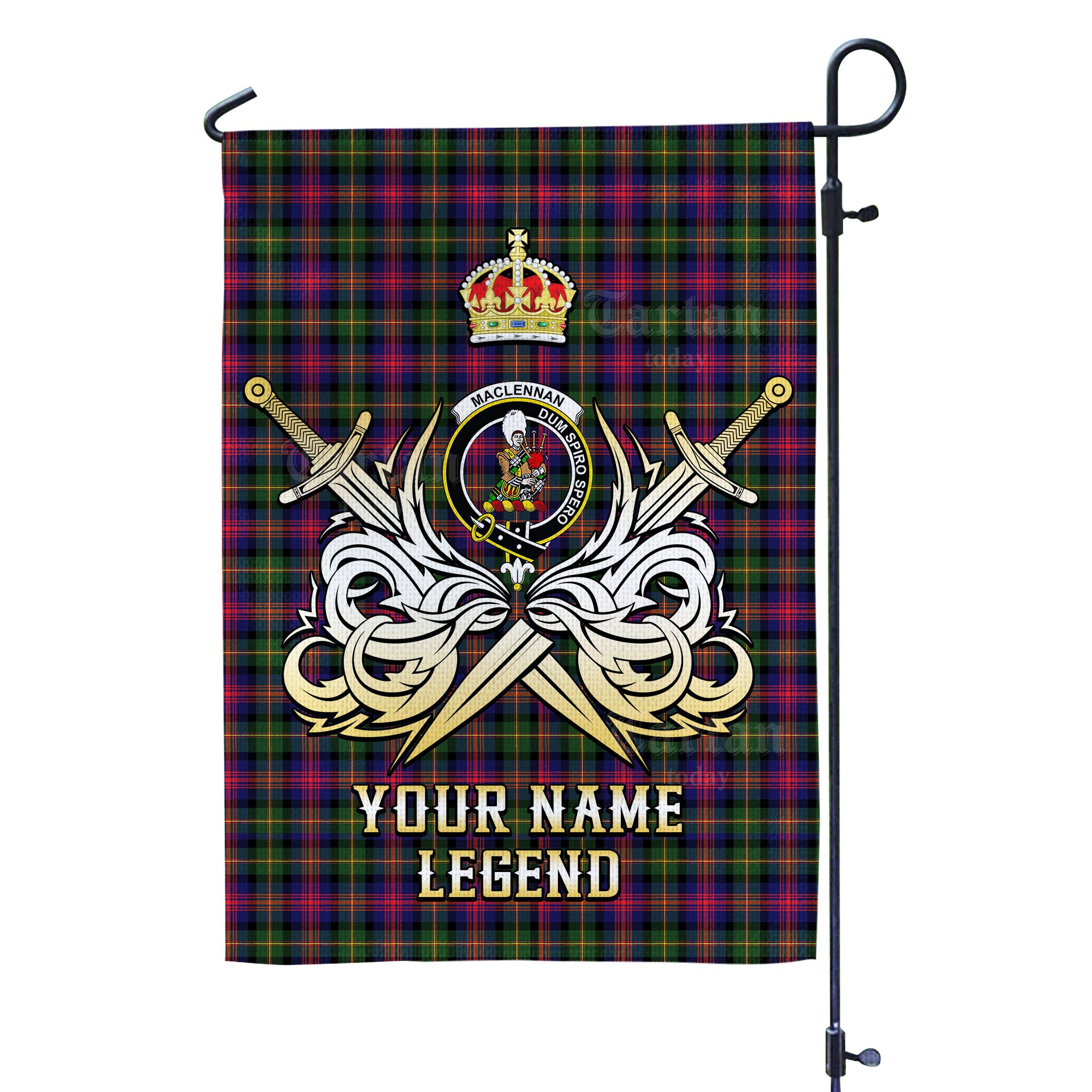 Custom Name Clan MacLennan Tartan Garden Flag with Clan Crest and the Golden Sword of Courageous Legacy WO90