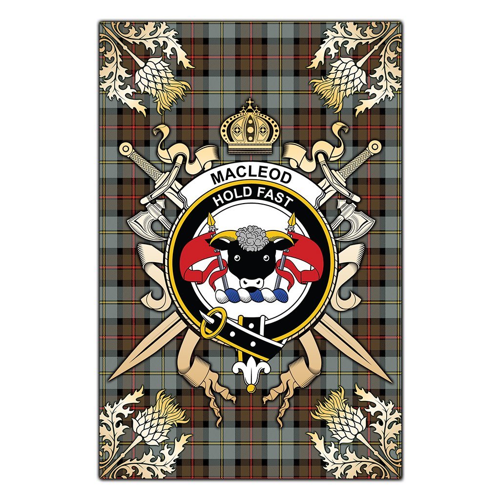 Clan MacLeod of Harris Weathered Tartan Crest Black Garden Flag  - Gold Thistle  IR51 Clan Garden Tartan Today   