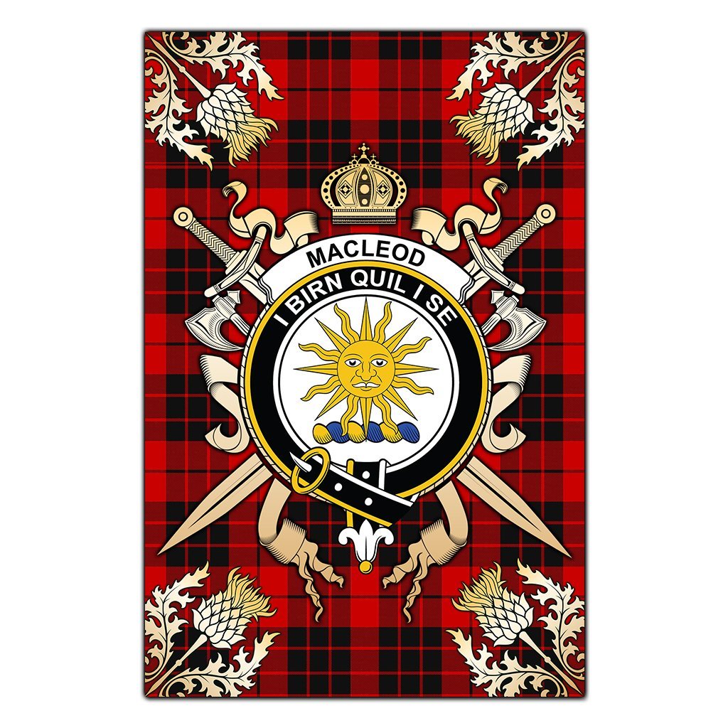 Clan MacLeod of Raasay Tartan Crest Black Garden Flag  - Gold Thistle  JB67 Clan Garden Tartan Today   