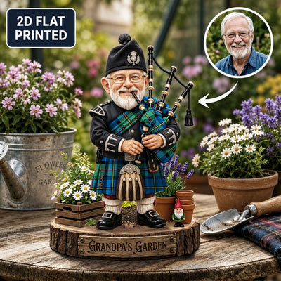 Personalized MacLeod of Harris Ancient Clan Bagpipe Garden Gnome Caricature Plaque Custom Photo, Any Clan Tartan, Wood or Acrylic, Grandpa & Dad Gift, Scottish Highland Garden Decor ZX59