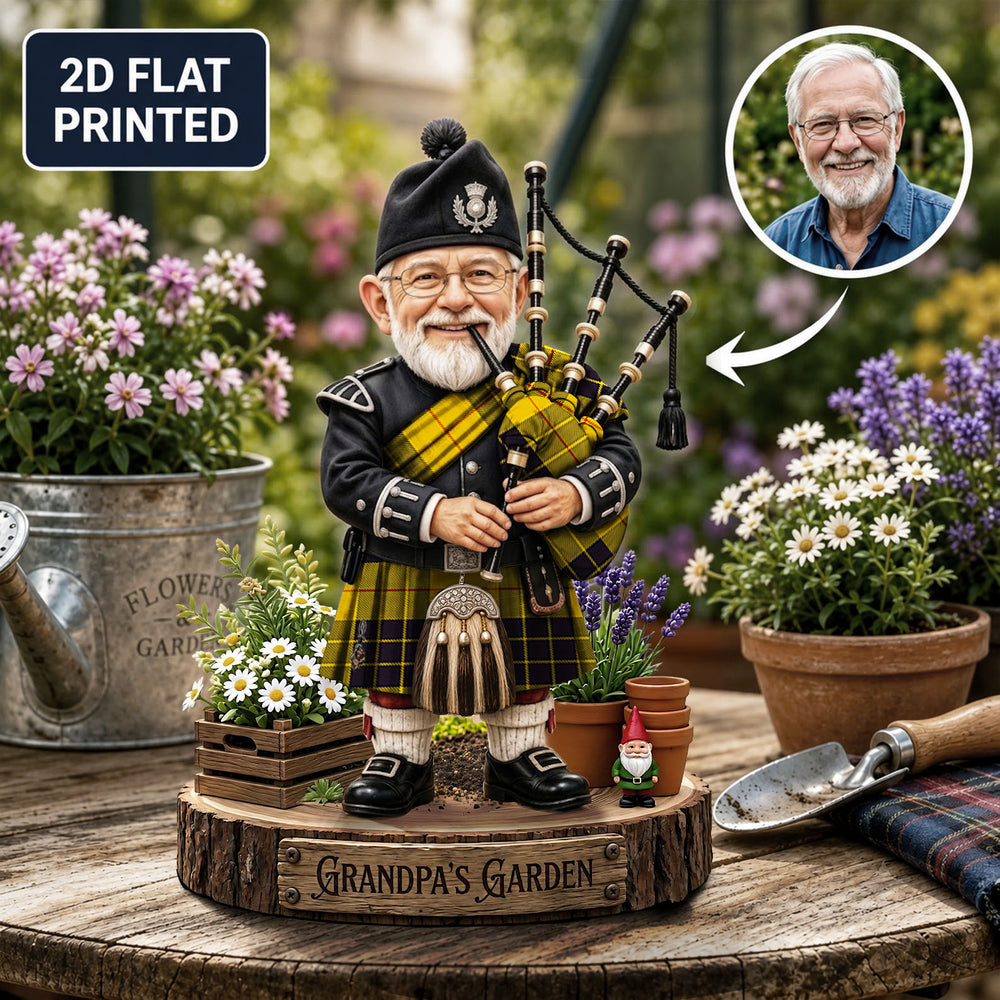 Personalized MacLeod of Lewis Ancient Clan Bagpipe Garden Gnome Caricature Plaque Custom Photo, Any Clan Tartan, Wood or Acrylic, Grandpa & Dad Gift, Scottish Highland Garden Decor OG24