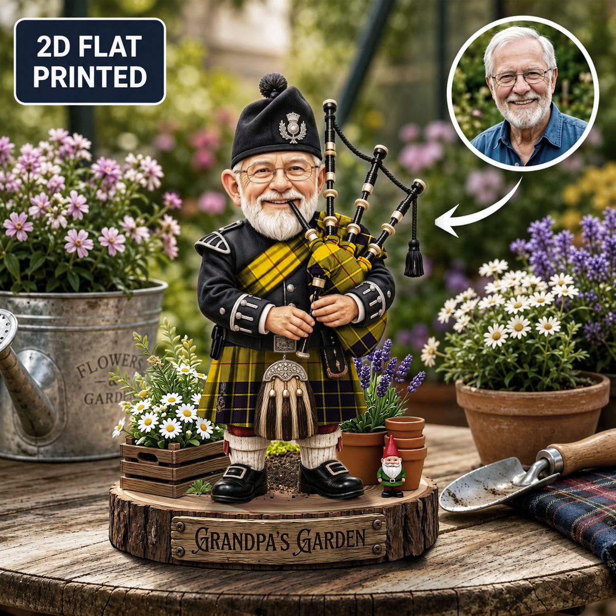 Personalized MacLeod of Lewis Ancient Clan Bagpipe Garden Gnome Caricature Plaque Custom Photo, Any Clan Tartan, Wood or Acrylic, Grandpa & Dad Gift, Scottish Highland Garden Decor OG24