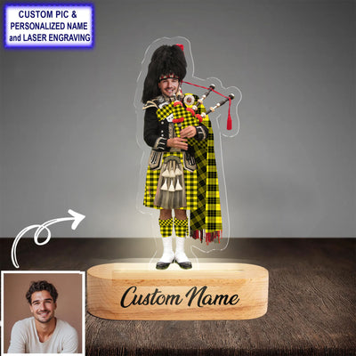 Custom Bagpipe MacLeod of Lewis Modern Tartan LED Night Light - Personalized Scottish Bagpiper Figurine with Wooden Stand NJ85