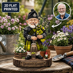 Personalized MacLeod of Lewis Modern Clan Bagpipe Garden Gnome Caricature Plaque Custom Photo, Any Clan Tartan, Wood or Acrylic, Grandpa & Dad Gift, Scottish Highland Garden Decor EB27