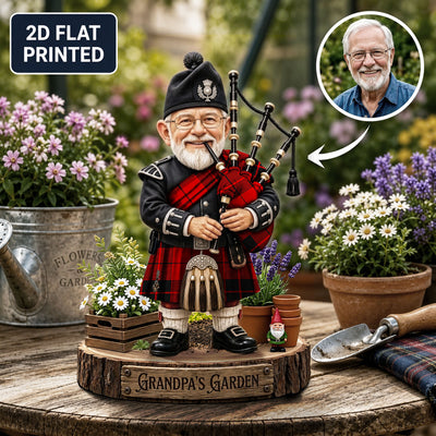 Personalized MacLeod of Raasay Clan Bagpipe Garden Gnome Caricature Plaque Custom Photo, Any Clan Tartan, Wood or Acrylic, Grandpa & Dad Gift, Scottish Highland Garden Decor IE55