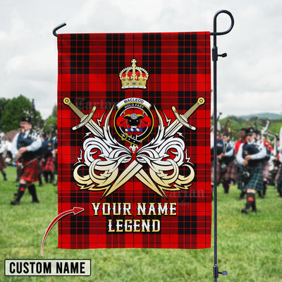 Custom Name Clan MacLeod of Raasay Tartan Garden Flag with Clan Crest and the Golden Sword of Courageous Legacy AF49