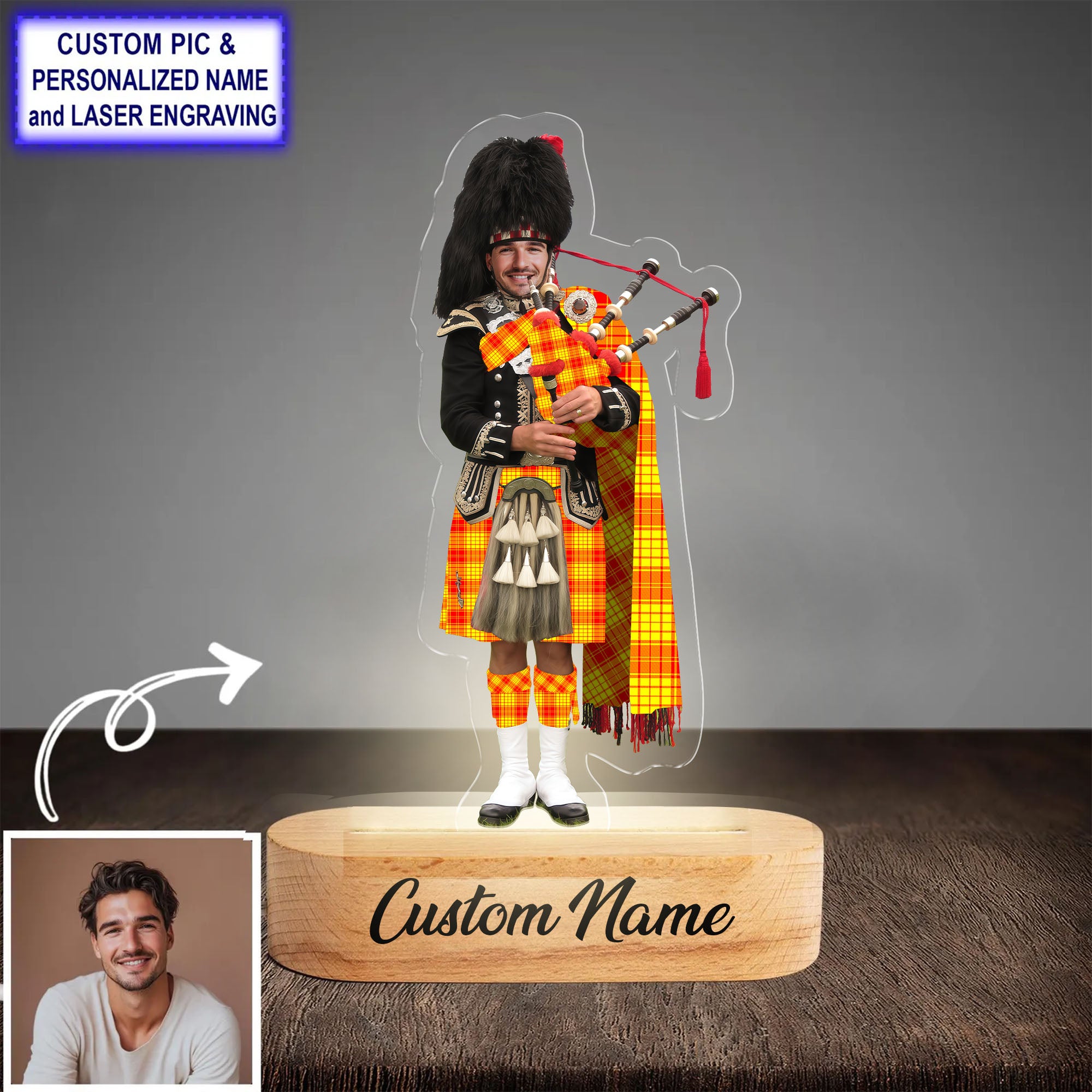 Custom Bagpipe MacMillan Tartan LED Night Light - Personalized Scottish Bagpiper Figurine with Wooden Stand