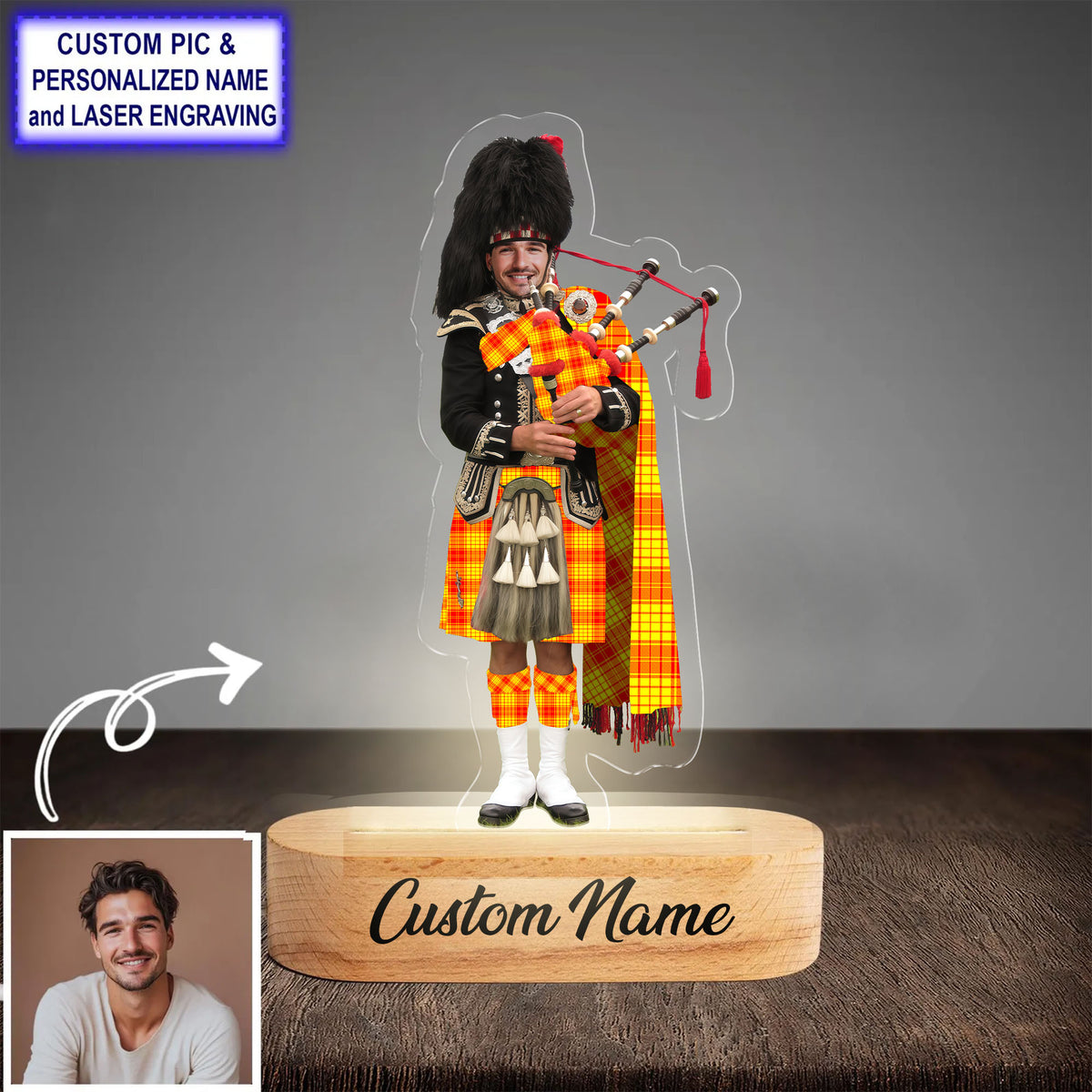 Custom Bagpipe MacMillan Tartan LED Night Light - Personalized Scottish Bagpiper Figurine with Wooden Stand