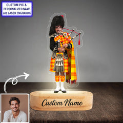 Custom Bagpipe MacMillan Tartan LED Night Light - Personalized Scottish Bagpiper Figurine with Wooden Stand