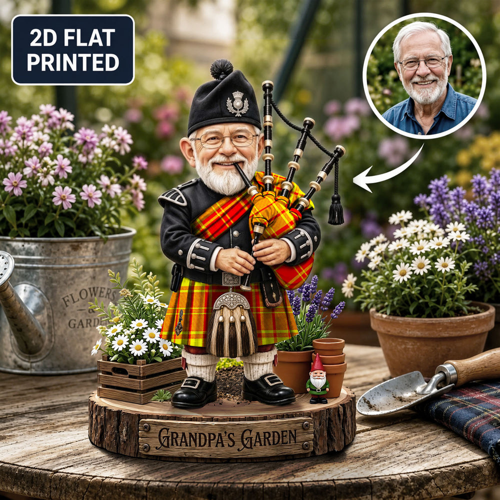 Personalized MacMillan Clan Bagpipe Garden Gnome Caricature Plaque Custom Photo, Any Clan Tartan, Wood or Acrylic, Grandpa & Dad Gift, Scottish Highland Garden Decor BX63