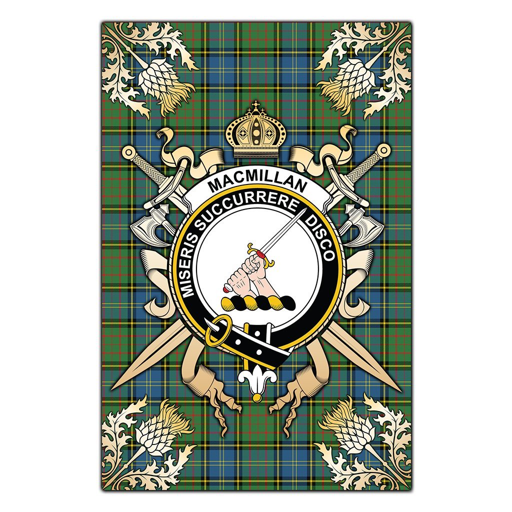 Clan MacMillan Hunting Ancient Tartan Crest Black Garden Flag  - Gold Thistle  SK15 Clan MacMillan Tartan Today   