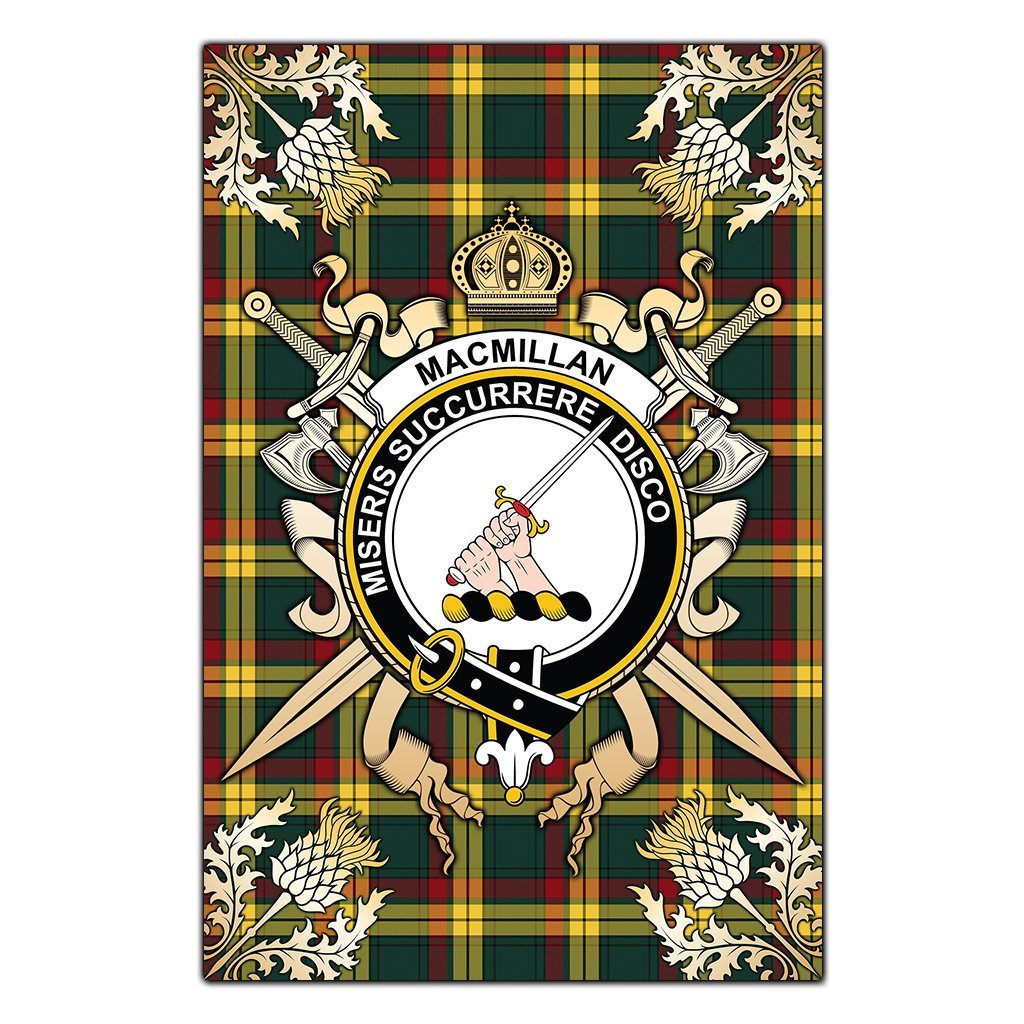 Clan MacMillan Old Modern Tartan Crest Black Garden Flag  - Gold Thistle  SK32 Clan MacMillan Tartan Today   