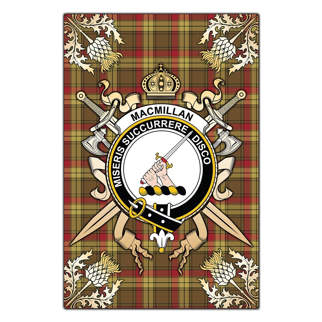 Clan MacMillan Old Weathered Tartan Crest Black Garden Flag  - Gold Thistle  XO86 Clan MacMillan Tartan Today   