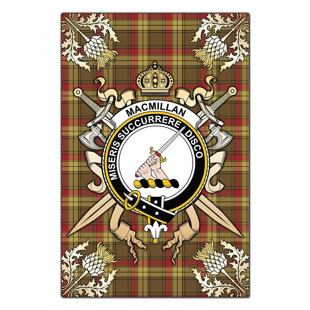 Clan MacMillan Old Weathered Tartan Crest Black Garden Flag  - Gold Thistle  XO86 Clan MacMillan Tartan Today   