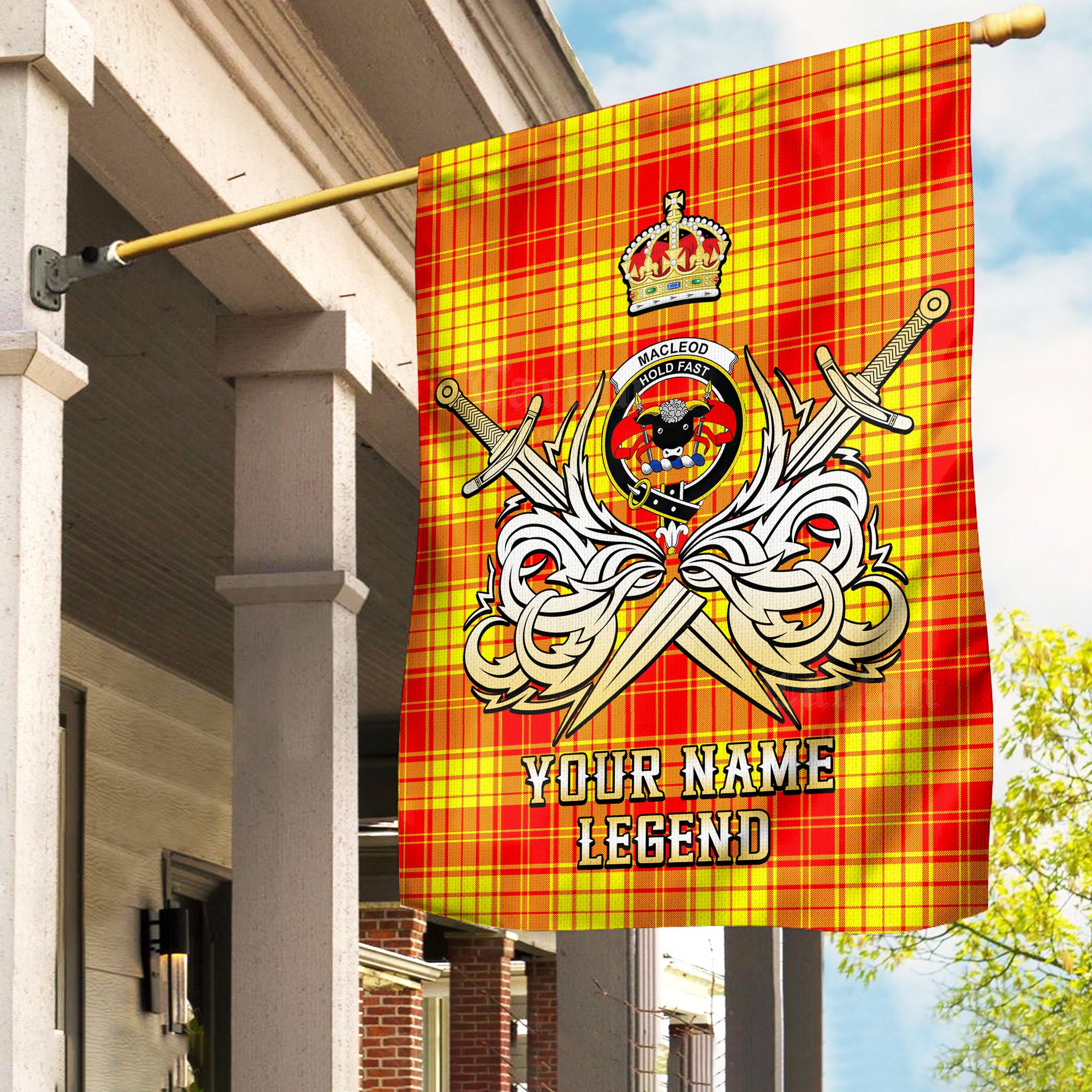 Custom Name Clan MacMillan Tartan Garden Flag with Clan Crest and the Golden Sword of Courageous Legacy ME47