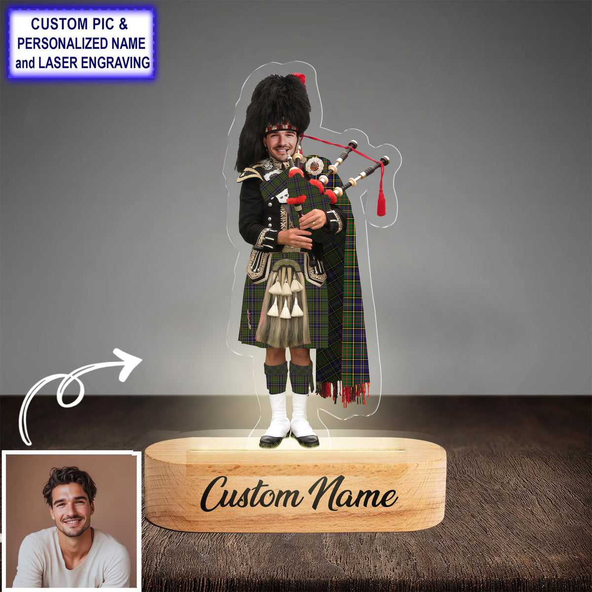 Custom Bagpipe MacMillan Hunting Modern Tartan LED Night Light - Personalized Scottish Bagpiper Figurine with Wooden Stand