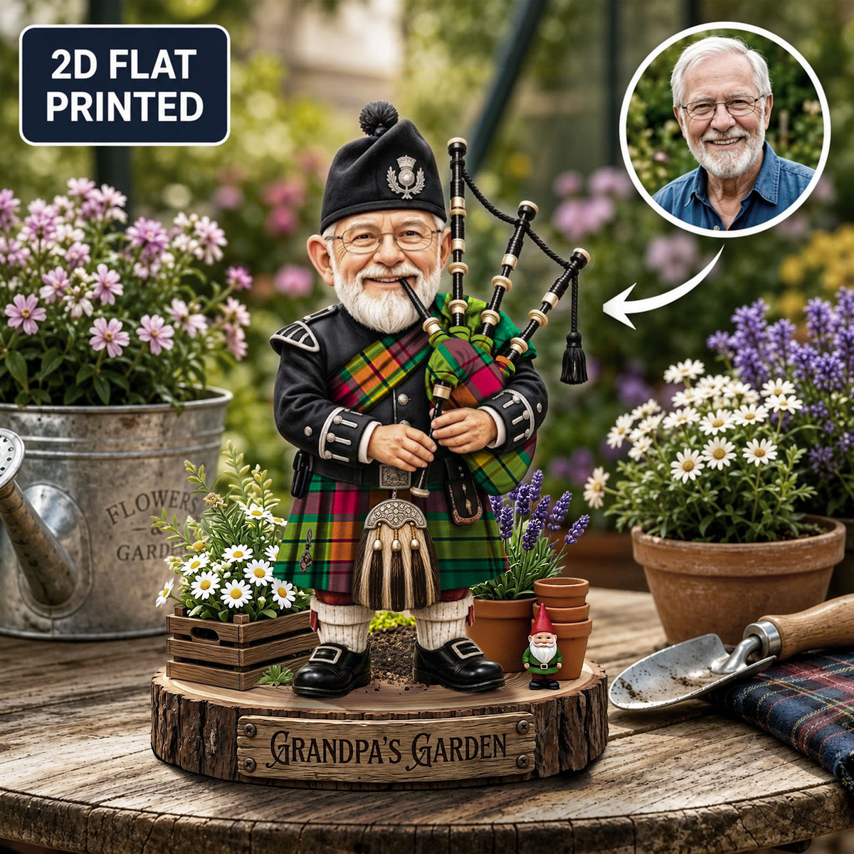 Personalized MacMillan Old Ancient Clan Bagpipe Garden Gnome Caricature Plaque Custom Photo, Any Clan Tartan, Wood or Acrylic, Grandpa & Dad Gift, Scottish Highland Garden Decor ZJ69
