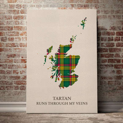 Clan MacMillan Old Ancient Tartan Scotland Map Canvas “Tartan Runs Through My Veins” Wall Art JA75