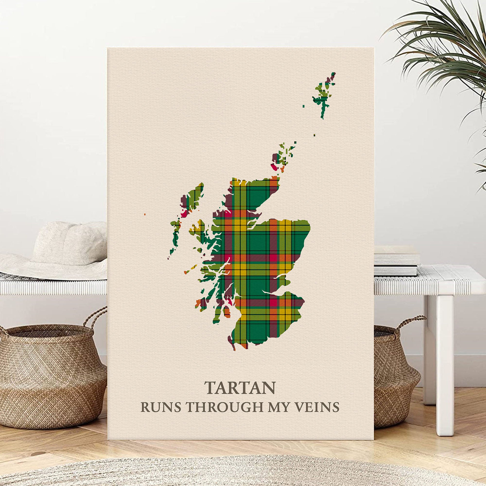 Clan MacMillan Old Ancient Tartan Scotland Map Canvas “Tartan Runs Through My Veins” Wall Art JA75