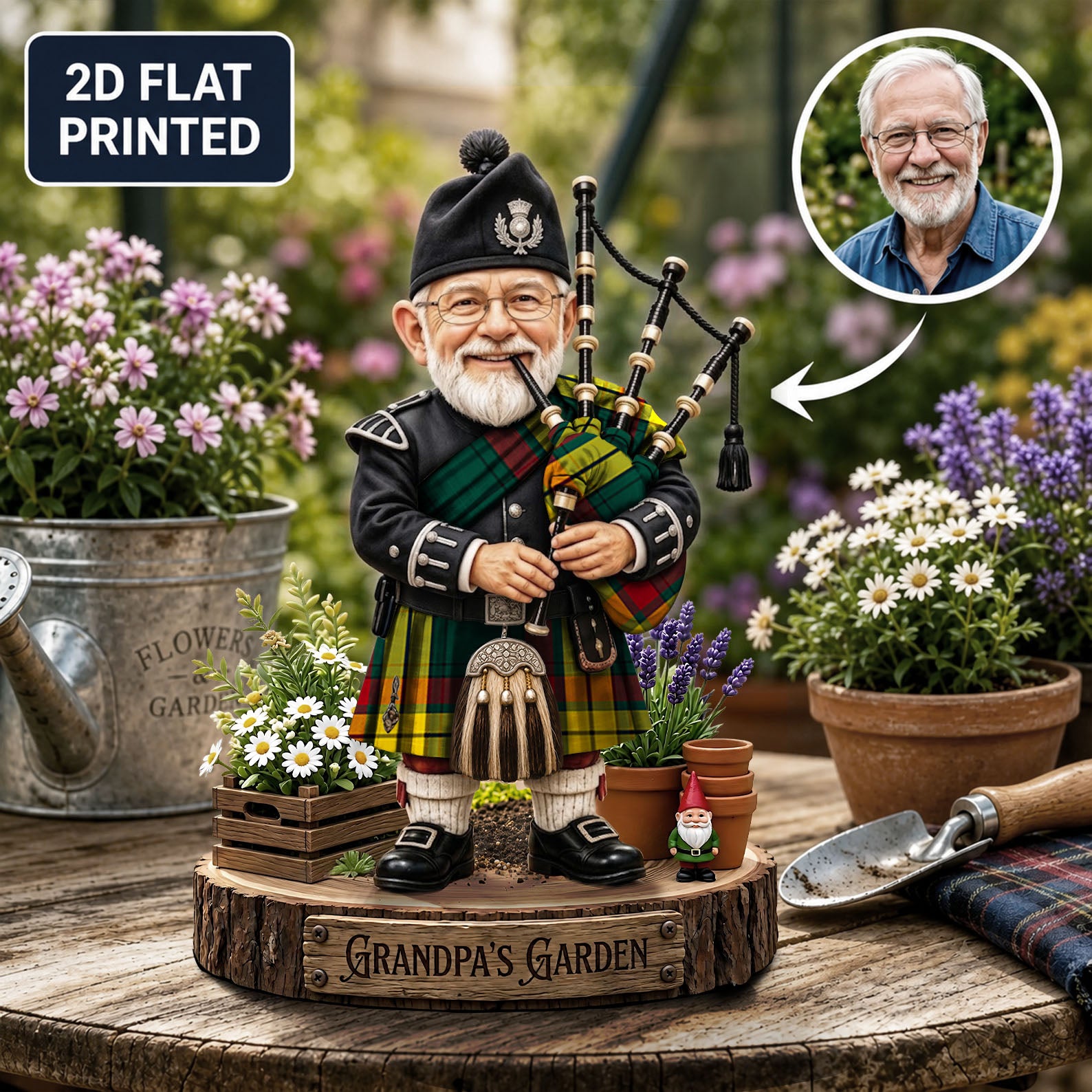 Personalized MacMillan Old Modern Clan Bagpipe Garden Gnome Caricature Plaque Custom Photo, Any Clan Tartan, Wood or Acrylic, Grandpa & Dad Gift, Scottish Highland Garden Decor VC92
