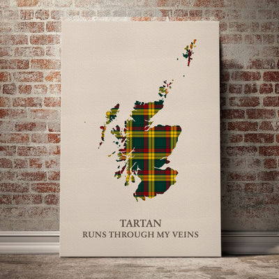 Clan MacMillan Old Modern Tartan Scotland Map Canvas “Tartan Runs Through My Veins” Wall Art YO87