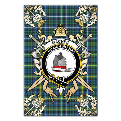 Clan MacNeil of Barra Ancient Tartan Crest Black Garden Flag - Gold Thistle PN45