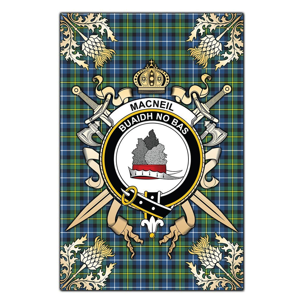 Clan MacNeil of Barra Ancient Tartan Crest Black Garden Flag  - Gold Thistle  PN45 Clan MacNeil / MacNeill Tartan Today   
