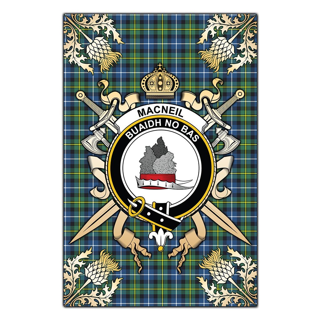 Clan MacNeil of Barra Ancient Tartan Crest Black Garden Flag  - Gold Thistle  PN45 Clan MacNeil / MacNeill Tartan Today   