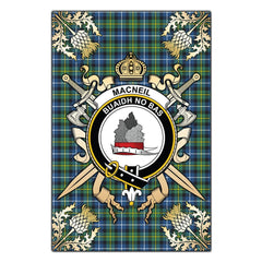 Clan MacNeil of Barra Ancient Tartan Crest Black Garden Flag  - Gold Thistle  PN45 Clan MacNeil / MacNeill Tartan Today   