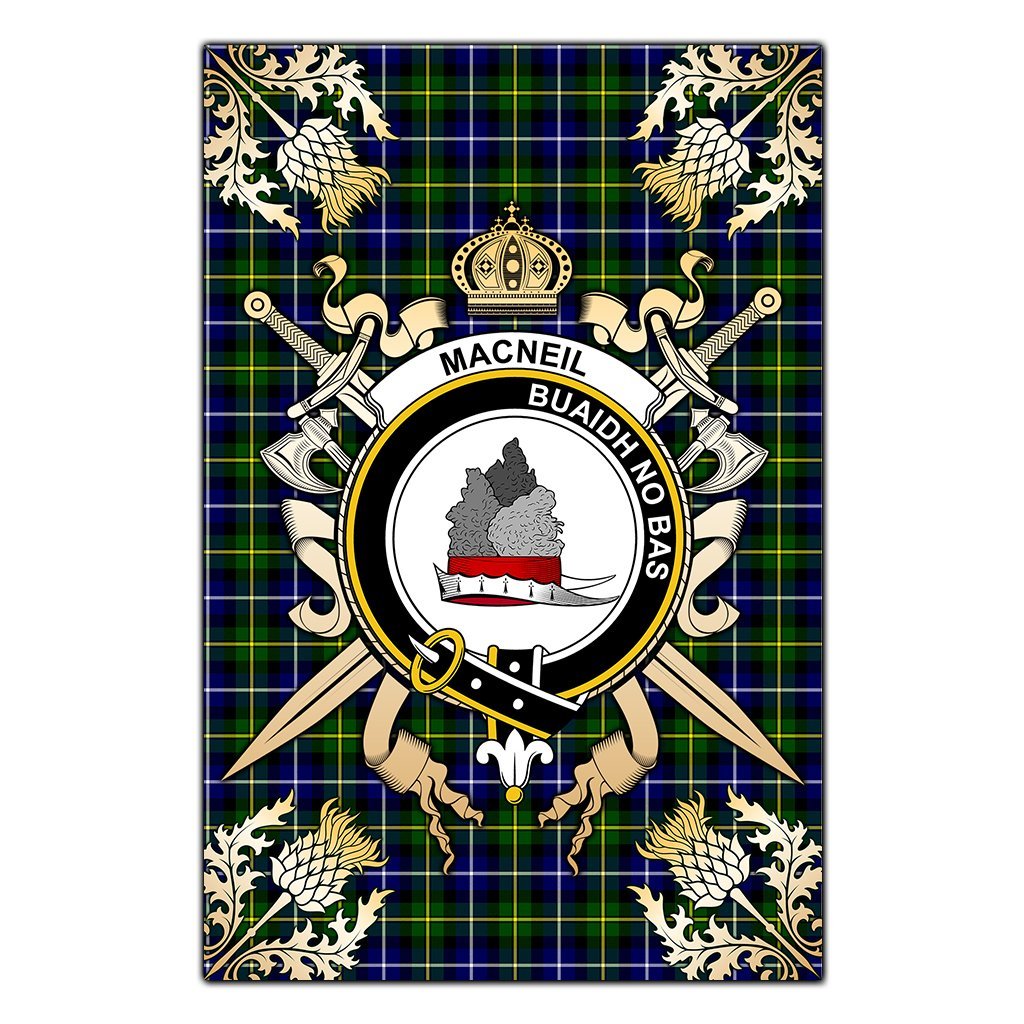Clan MacNeil of Barra Modern Tartan Crest Black Garden Flag  - Gold Thistle  UI77 Clan MacNeil / MacNeill Tartan Today   