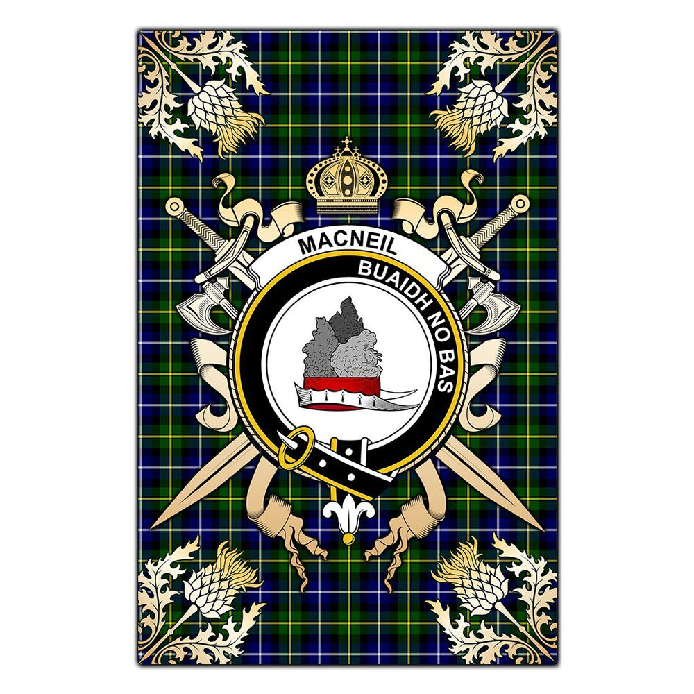 Clan MacNeil of Barra Modern Tartan Crest Black Garden Flag  - Gold Thistle  UI77 Clan MacNeil / MacNeill Tartan Today   