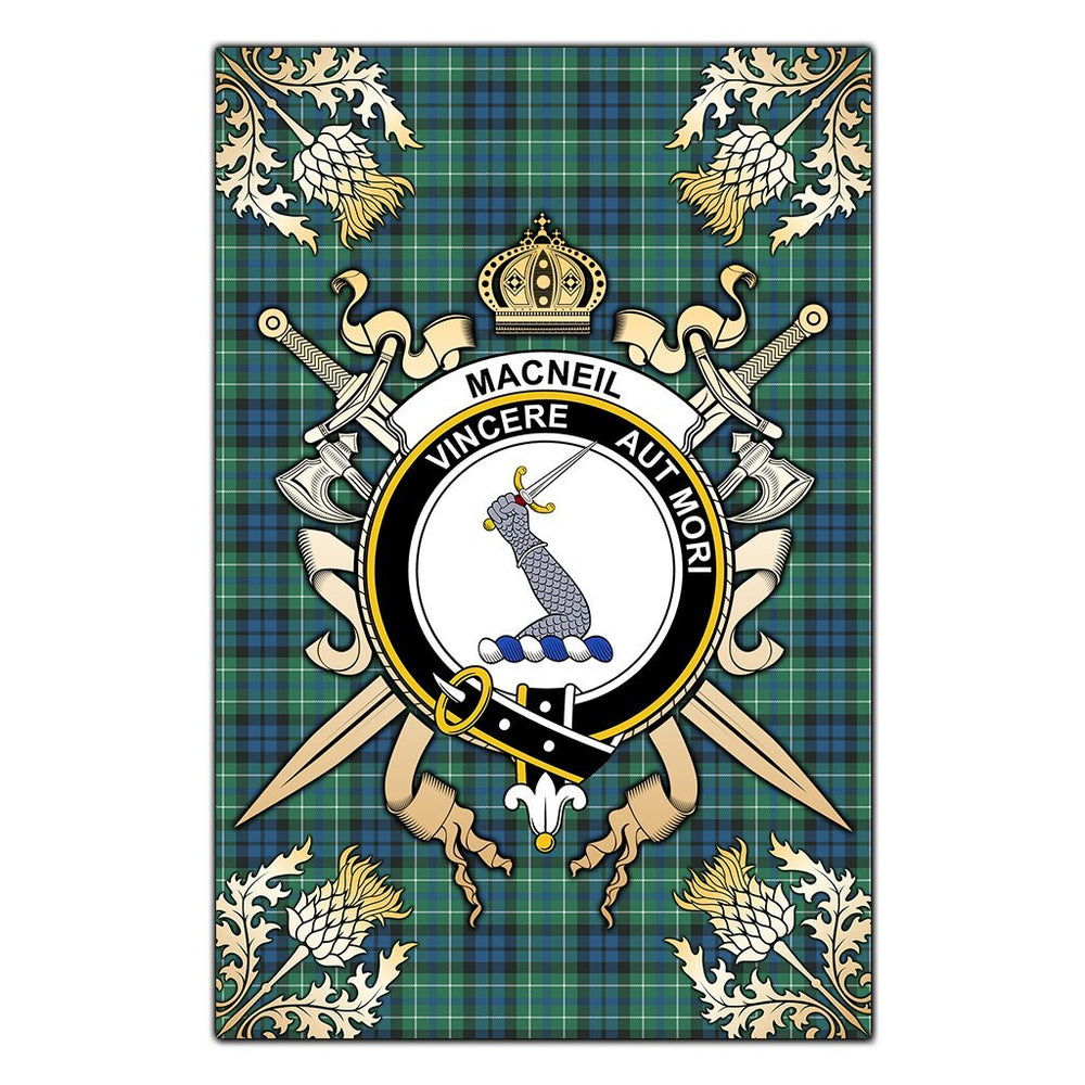Clan MacNeil of Colonsay Ancient Tartan Crest Black Garden Flag  - Gold Thistle  SO36 Clan MacNeil / MacNeill Tartan Today   