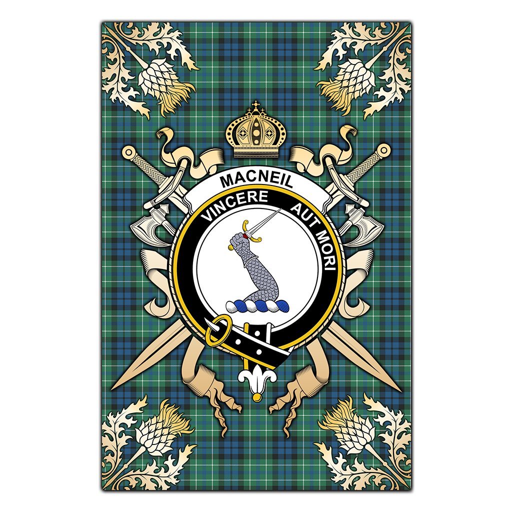 Clan MacNeil of Colonsay Ancient Tartan Crest Black Garden Flag  - Gold Thistle  SO36 Clan MacNeil / MacNeill Tartan Today   