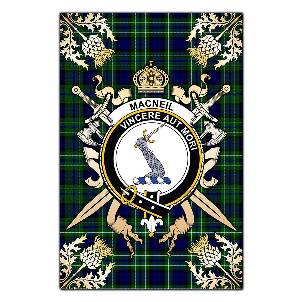 Clan MacNeil of Colonsay Modern Tartan Crest Black Garden Flag  - Gold Thistle  CH32 Clan MacNeil / MacNeill Tartan Today   